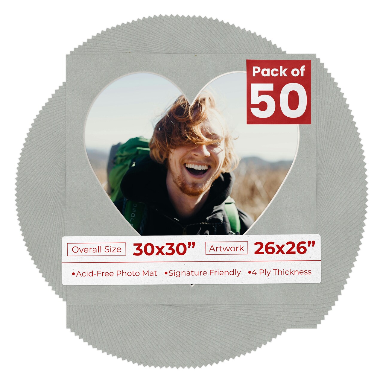 Light Grey Suede Mat Board for 30x30 Frames - Heart Opening for 26x26 Photos